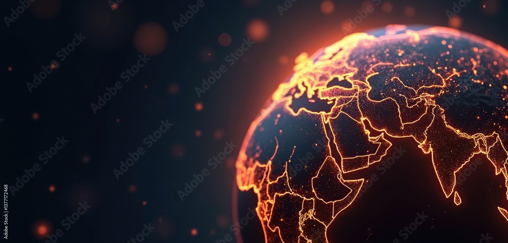 Aufkleber Digital visualization global network. Orange data points connect continents on dark background. Perfect for tech global business communication themes. Worldwide connection.