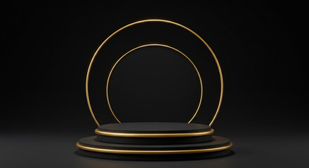 Elegant black tiered platform adorned with golden rings, a symbol of prestige and sophistication against a dark backdrop.