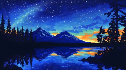 Fototapeta premium Serene lake surrounded by majestic mountains and lush trees under a starry night sky with a peaceful atmosphere 