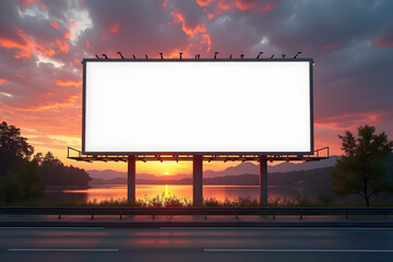 Striking Billboard at Sunset, A Captivating Outdoor Advertising Opportunity with a Serene Lake and Mountain Backdrop for Brand Promotion