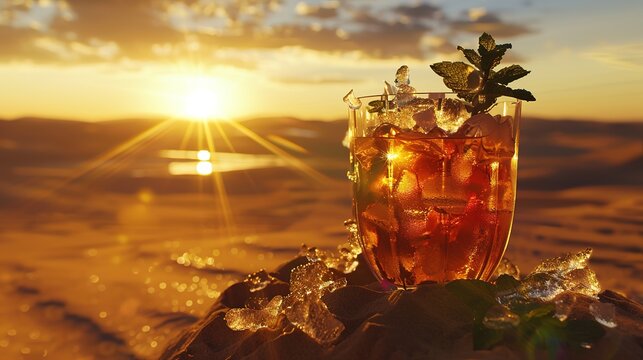 Capture the Cool Moment: The Summer Temptation of Iced Tea with Mint! In the picture, a refreshing glass of iced tea with mint is placed in front of a fresh background. The crystal - clear ice cubes a