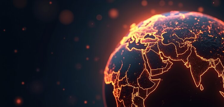 Digital visualization global network. Orange data points connect continents on dark background. Perfect for tech global business communication themes. Worldwide connection.