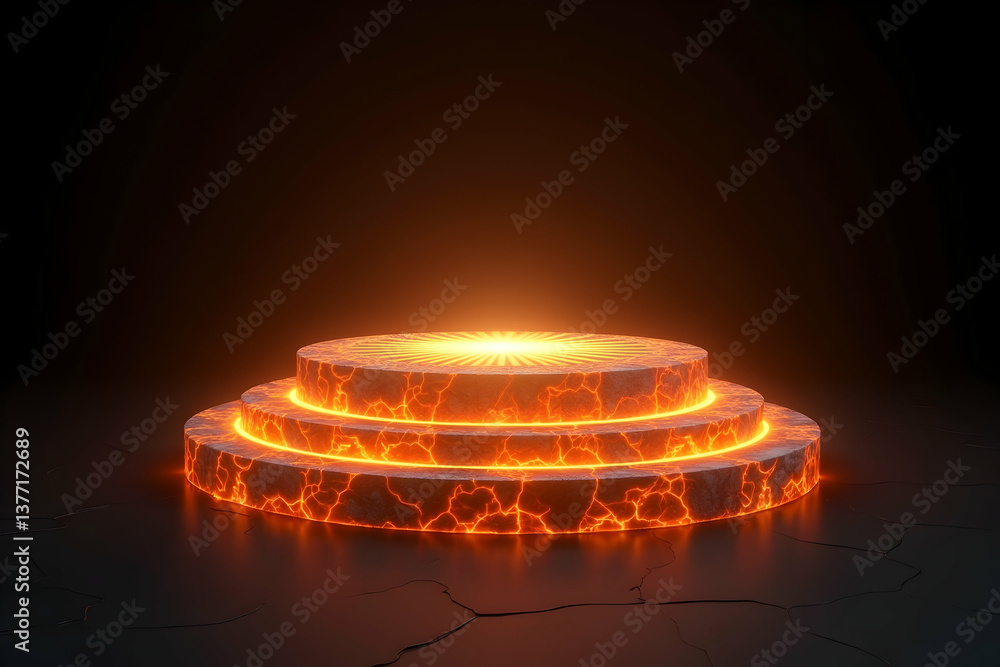 Poster striking ember-textured 3d podium, a mesmerizing display of glowing stone and light, perfect for sho