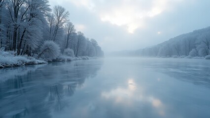 Snowy riverbank and frozen water at sunrise with bare trees and mist in quiet winter landscape	