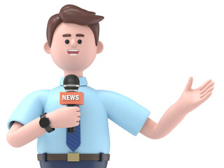 3D illustration of smiling Asian man Felix - news presenter with microphone in hand.Transparent Background Mockup.Supports PNG files with transparent backgrounds.