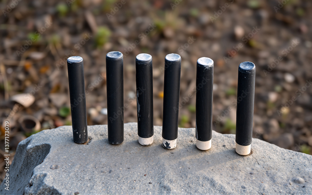 Poster six dark cylindrical objects with metallic tops and bases are arranged in a row on a gray stone surf