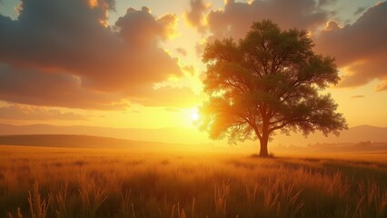 Obraz premium Lone tree in open field at sunset with dramatic sun rays and golden clouds in rural landscape 