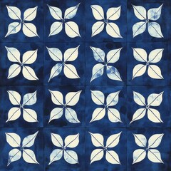 Intricate blue and white pattern featuring a cyanotype morning glory quilt design with artistic cuneiform elements