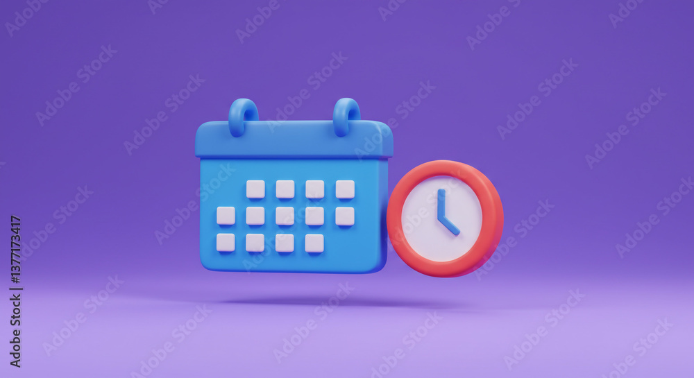 Poster a playful blue calendar and a cheerful red clock symbolize scheduling and time management against a 