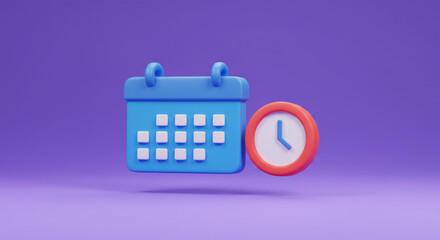 A playful blue calendar and a cheerful red clock symbolize scheduling and time management against a soft purple background.