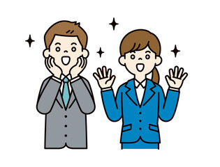 嬉しくて喜ぶ、若い男女の会社員のベクターイラスト素材＿＿線の編集可能＿カラー