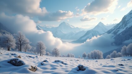 Snow covered alpine mountains and pine trees with clouds and mist in a remote winter valley	
