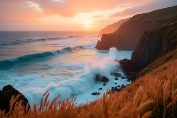 Stunning coastal scene with cliffs at dusk offering a dramatic and romantic backdrop for a pre wedding photoshoot on the beach near the sea rocks