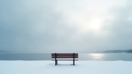 Snow covered bench facing frozen lake at sunrise with mist and surrounding winter forest	