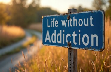 Road sign in serene nature setting. Message Life without Addiction. Concept recovery journey. Signpost overcoming addictions, new path, mindfulness. Sunlight illuminates text. Overcoming, hope,