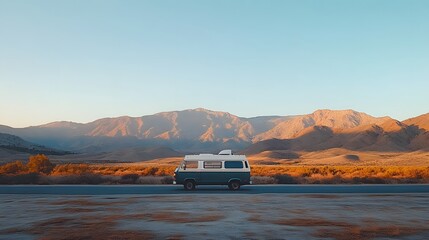 Charming van driving along a serene road with lush greenery and stunning landscape under bright skies