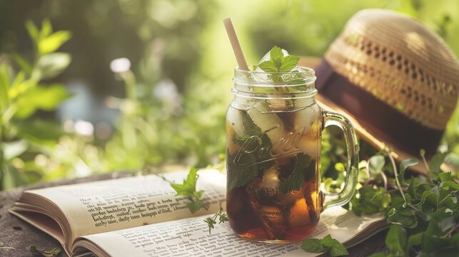 Capture the Cool Moment: The Summer Temptation of Iced Tea with Mint! In the picture, a refreshing glass of iced tea with mint is placed in front of a fresh background. The crystal - clear ice cubes a