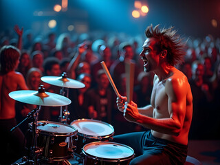 Fototapeta premium Sweat-Drenched Drummer in Ecstasy During Rhythmic Concert, Electrifying Crowd Captivated by Drummer's Intense Performance Under Glowing Lights and Sonic Vibrations