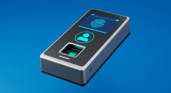 Secure biometric fingerprint scanner, sleek design, digital identity verification, modern technology, user-friendly interface, enhancing security, efficient access control, vibrant blue backdrop.