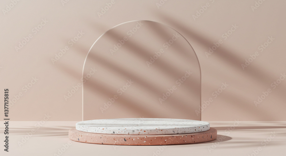 Poster serene minimalist display: a gentle, two-tiered terrazzo platform bathed in soft, sun-dappled light,