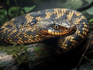 Fototapeta premium Coiled Snake Resting on Mossy Log in Forest Close Up