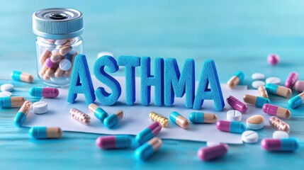 Colorful illustration of 'ASTHMA' surrounded by various medications, highlighting importance of asthma management.