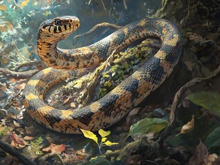 Fototapeta premium Snake Coiling on Mossy Ground in Nature Illustration with Artistic Rendering