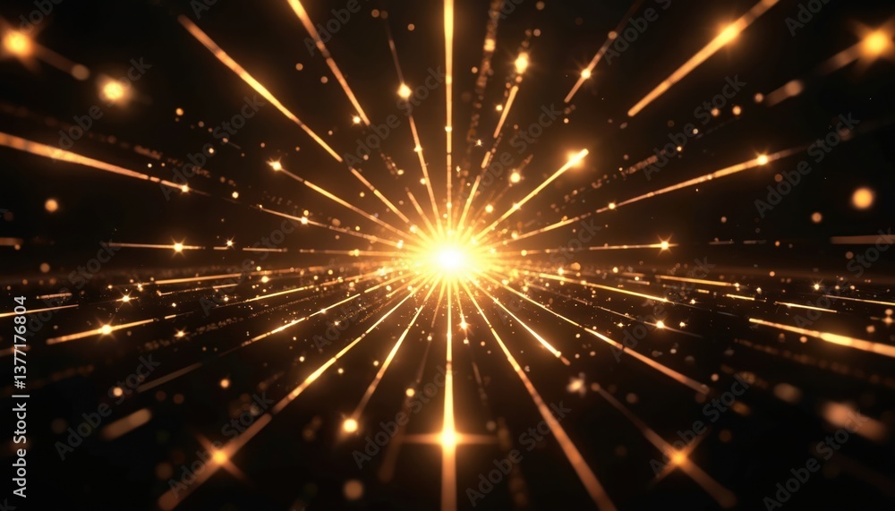 Aufkleber Abstract illustration with golden light rays, particles bursting from central point. Dynamic tech design, data stream concept, energy flow, futuristic visualization. Perfect for tech industry,
