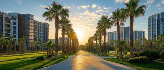 In the middle, behind the traditional native palm trees, are modern residential block buildings.