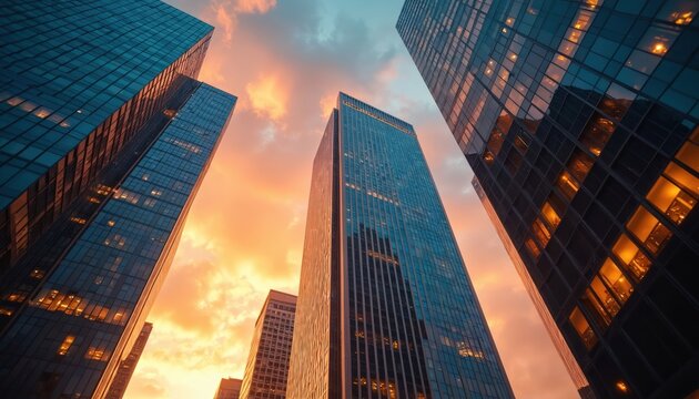 AI-generated image skyscrapers reaching towards sky with sunset clouds. Architecture, modern buildings, urban scene, downtown skyline, cityscape, construction. Glass facade windows reflecting warm