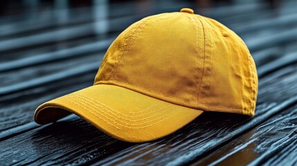 Mustard Yellow Baseball Cap on Dark Wood Background