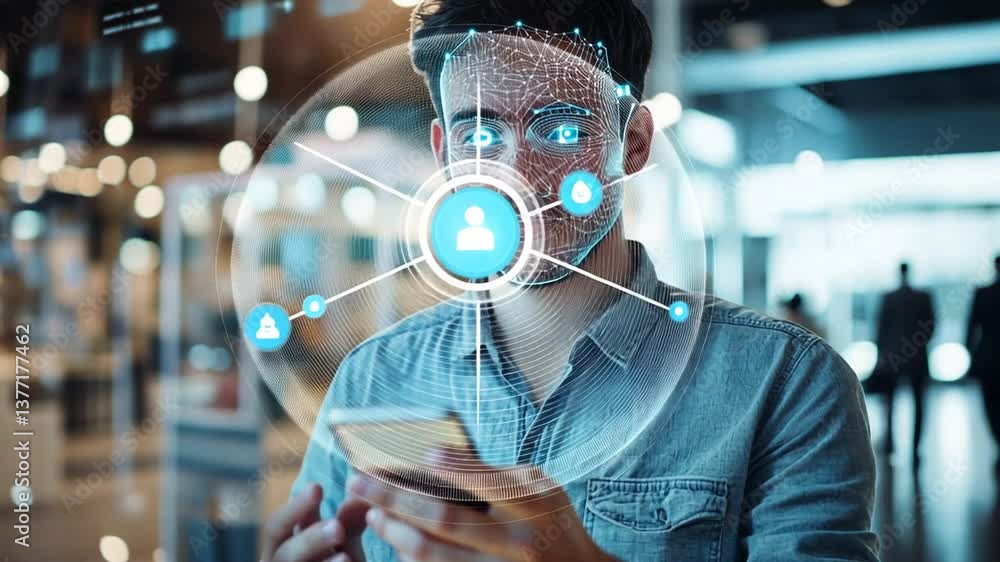 Poster facial recognition technology on a man's face for security and data analysis