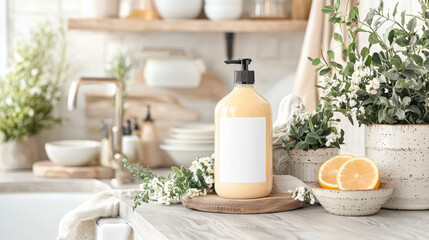 dishwashing liquid bottle with blank label sits on wooden tray in bright kitchen. Surrounding it are fresh plants, dishes, and sliced oranges, creating fresh and inviting atmosphere