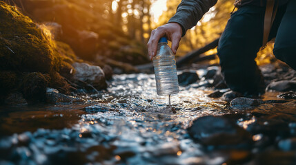 Traveler pausing to refill a water bottle from a fresh mountain stream, sunlight bouncing off the clear water, refreshing and natural