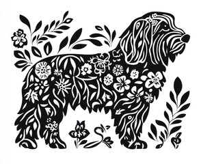 Obraz premium Silhouette of a playful goldendoodle surrounded by colorful flowers and leaves against a white background