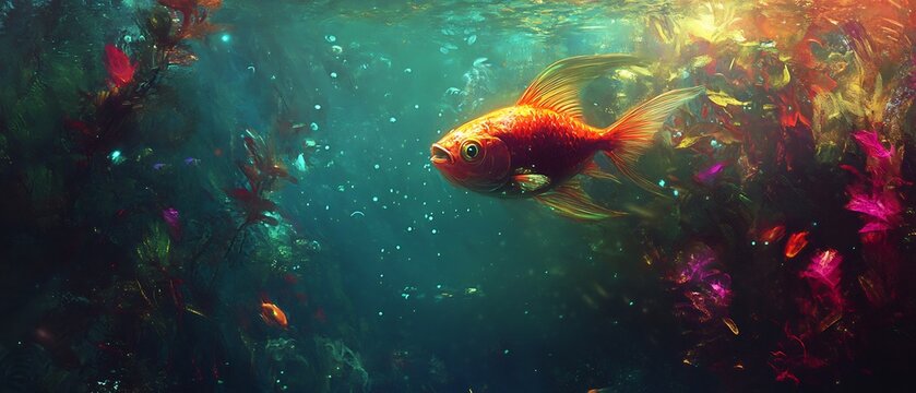 Vibrant underwater scene of blind cavefish glowing eye surrounded shimmering bioluminescent plant surreal lighting creates soft dreamlike reflection across water blending ethereal underwater world