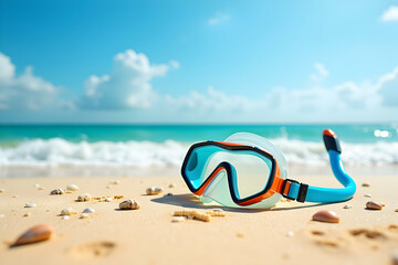 Obraz premium Vibrant diving mask and snorkel set lying on a sunny beach with turquoise ocean waves in the background evoking summer vacation vibes and aquatic adventures