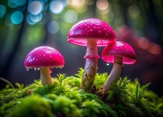 Fototapeta premium Delicate Pink Mushrooms with Dew Drops in Mossy Forest - Stock Photo