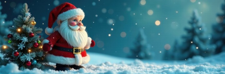 Whimsical Santa with snowflake and Christmas tree, santa, whimsy