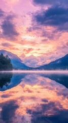 Fototapeta premium Misty Mountain Lake Sunrise Reflection