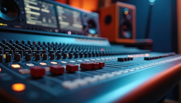 Modern audio mixing console, recording studio equipment. Pro mixer with many faders, knobs, buttons. Music production concept with speakers, digital audio workstation. Sound engineer workplace with