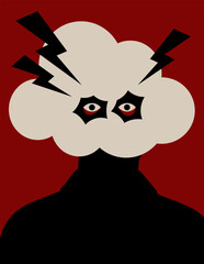 Silhouette of a man in a cloud with lightning. Flat vector illustration.