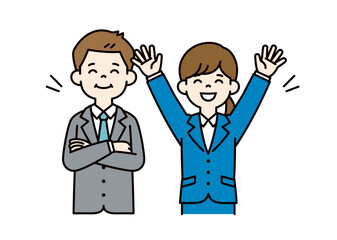 バンザイをして喜ぶ、若い男女の会社員のベクターイラスト素材＿＿線の編集可能＿カラー