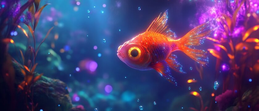 Vibrant underwater scene of blind cavefish glowing eye surrounded shimmering bioluminescent plant surreal lighting creates soft dreamlike reflection across water blending ethereal underwater world