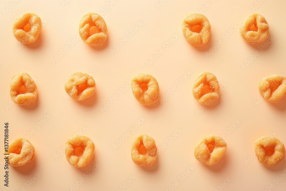 Poster orange colored cereal pieces are arranged in a repeating pattern