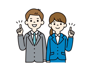 ポイントを説明する、若い男女の会社員のベクターイラスト素材＿＿線の編集可能＿カラー