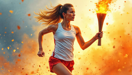 Female athlete runs with olympic torch. Watercolor illustration, dynamic action in motion, flames burst around female figure. Representing sportsmanship, strength, victory. Ideal for olympic games