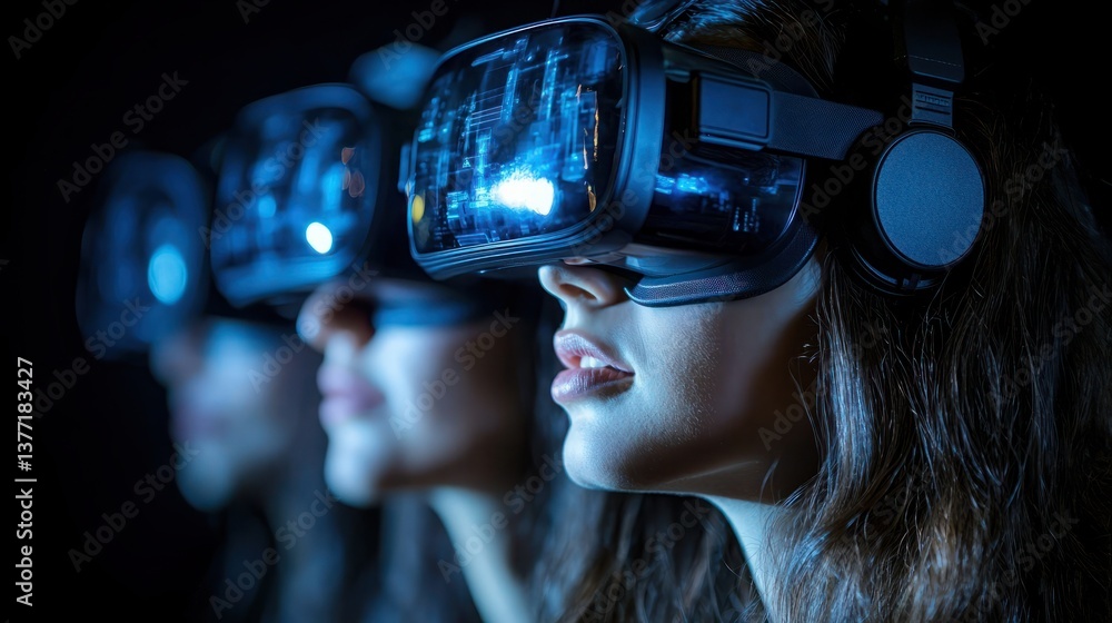 Poster immersive experience with virtual reality headsets showcasing advanced technology in realistic envir