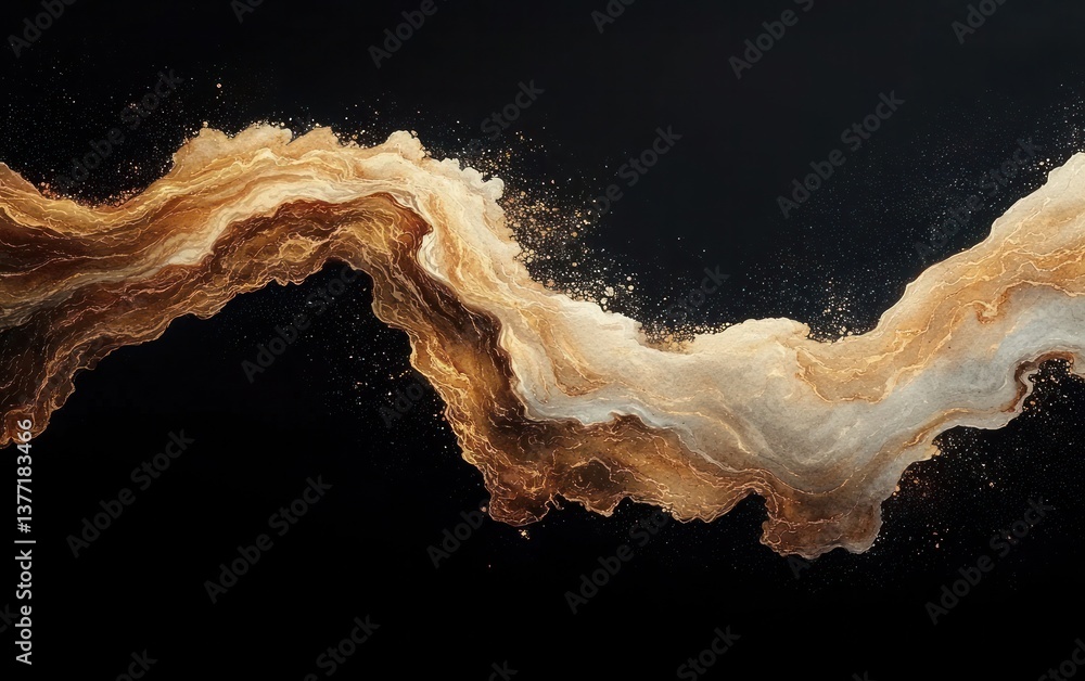 Poster abstract gold and beige particles flowing on a black background. glittering texture with dynamic mov