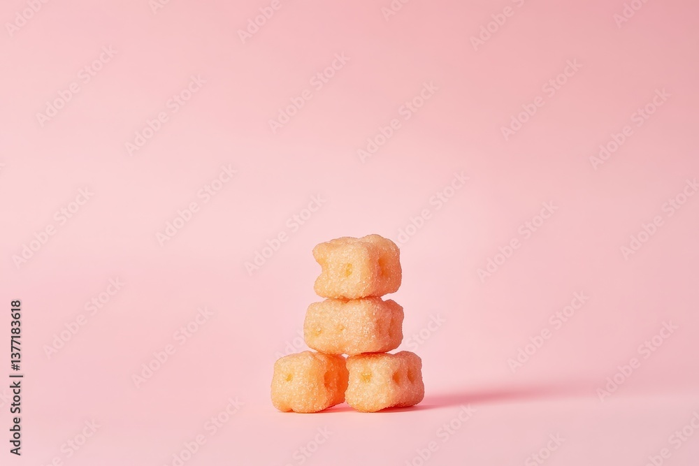 Poster stacked orange cubes creating a tower shape on a pink background